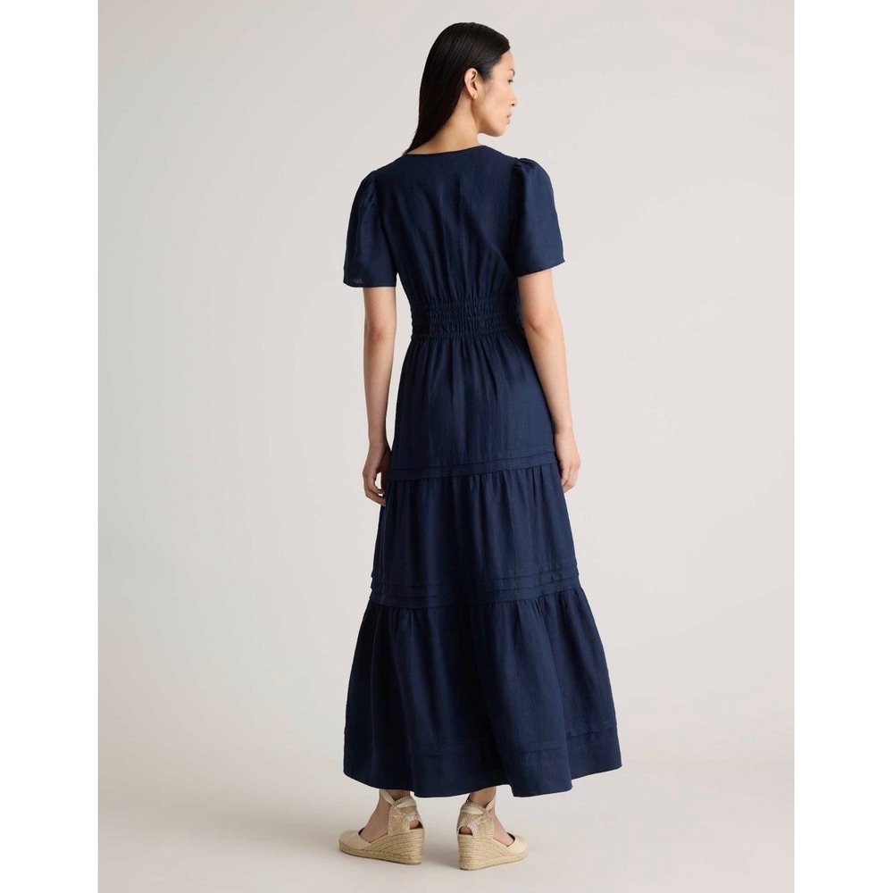 Quince 100% European Linen Smocked Waist Tiered Maxi Dress Navy Blue Medium NWT - Picture 2 of 14